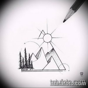 Эскиз татуировки с изображением гор, заключенных в круг, выполненный в минималистичном стиле с использованием тонких линий и точечной техники. Простой и элегантный дизайн.